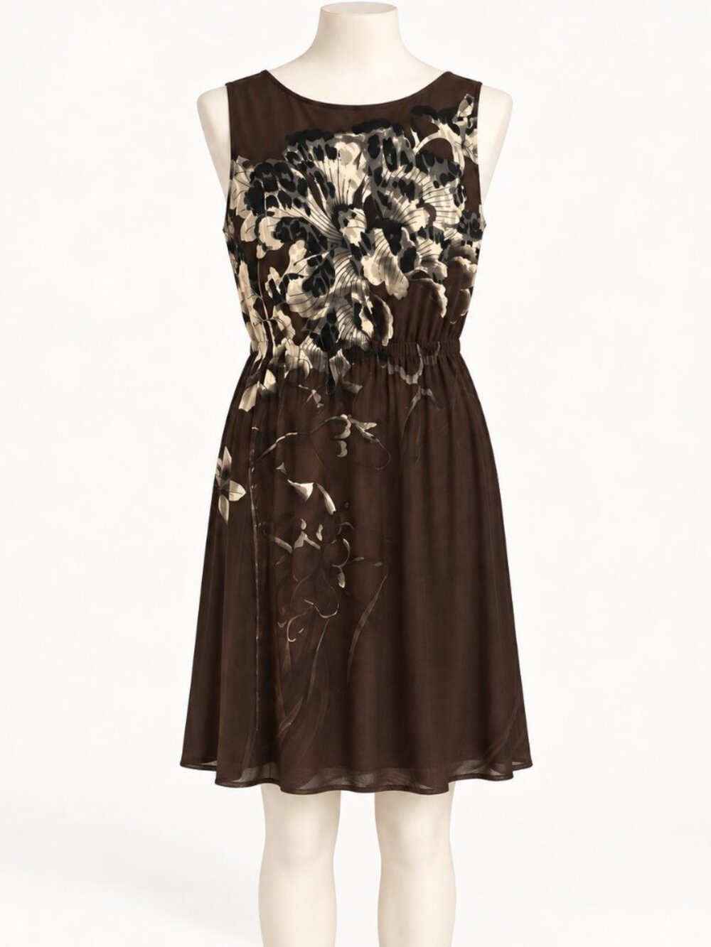 Elie Tahari Brown Cream Floral Silk Midi Dress Sleeveless Size S